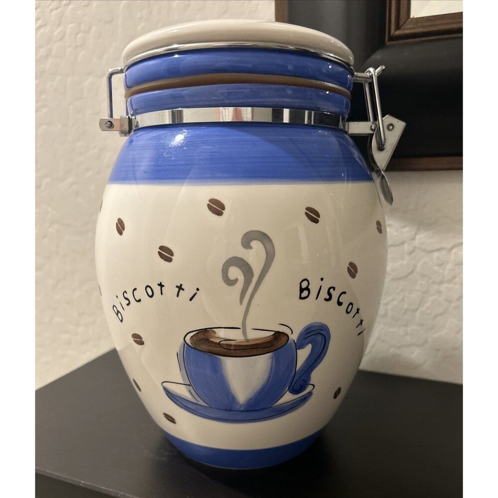 Inspirado Ceramic Cookie Biscotti Jar Blue White Coffee Beans Hinged Lid Seattle